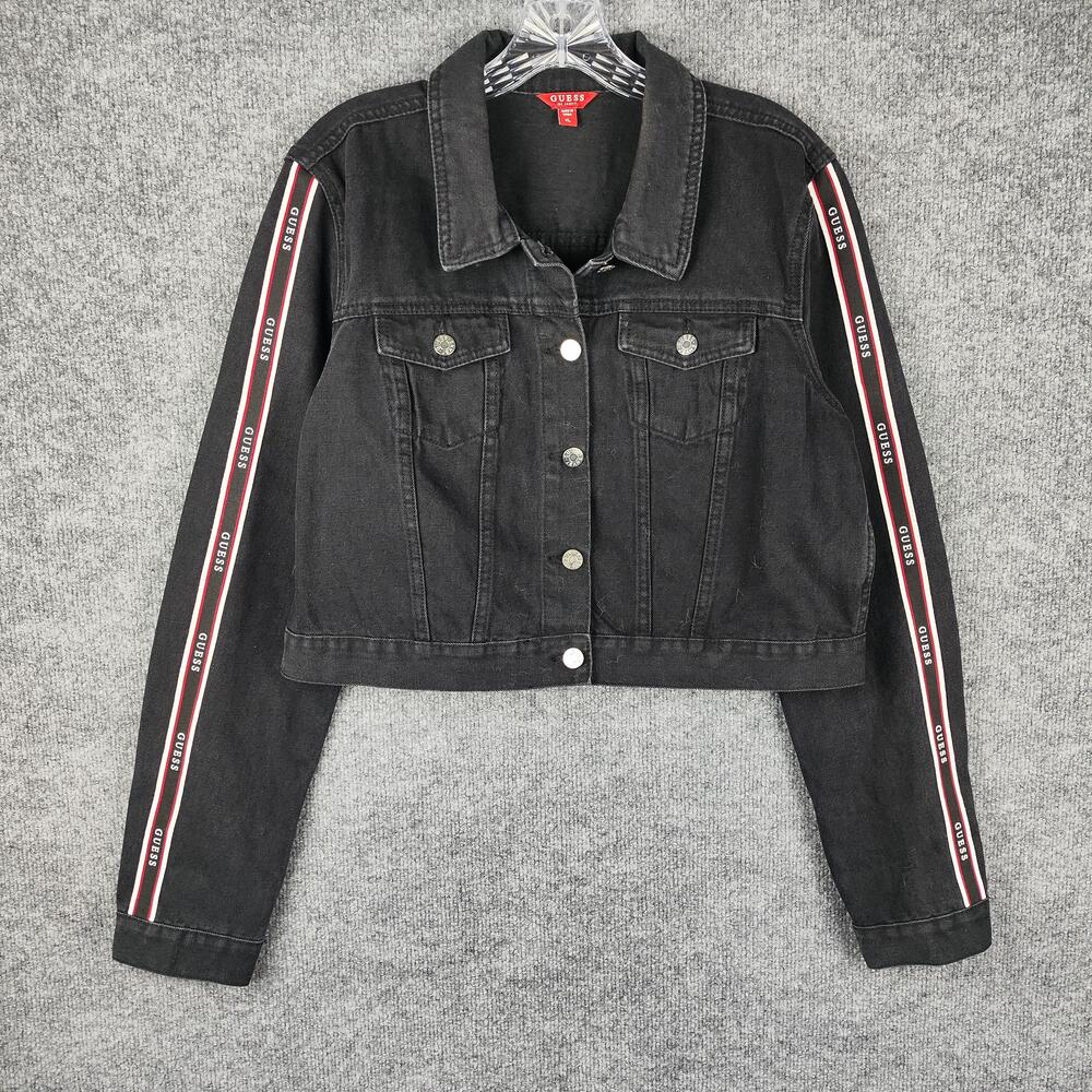 Guess Jacket Womens XL Black Denim Jean Cropped Logo Tape Sleeve Button Front